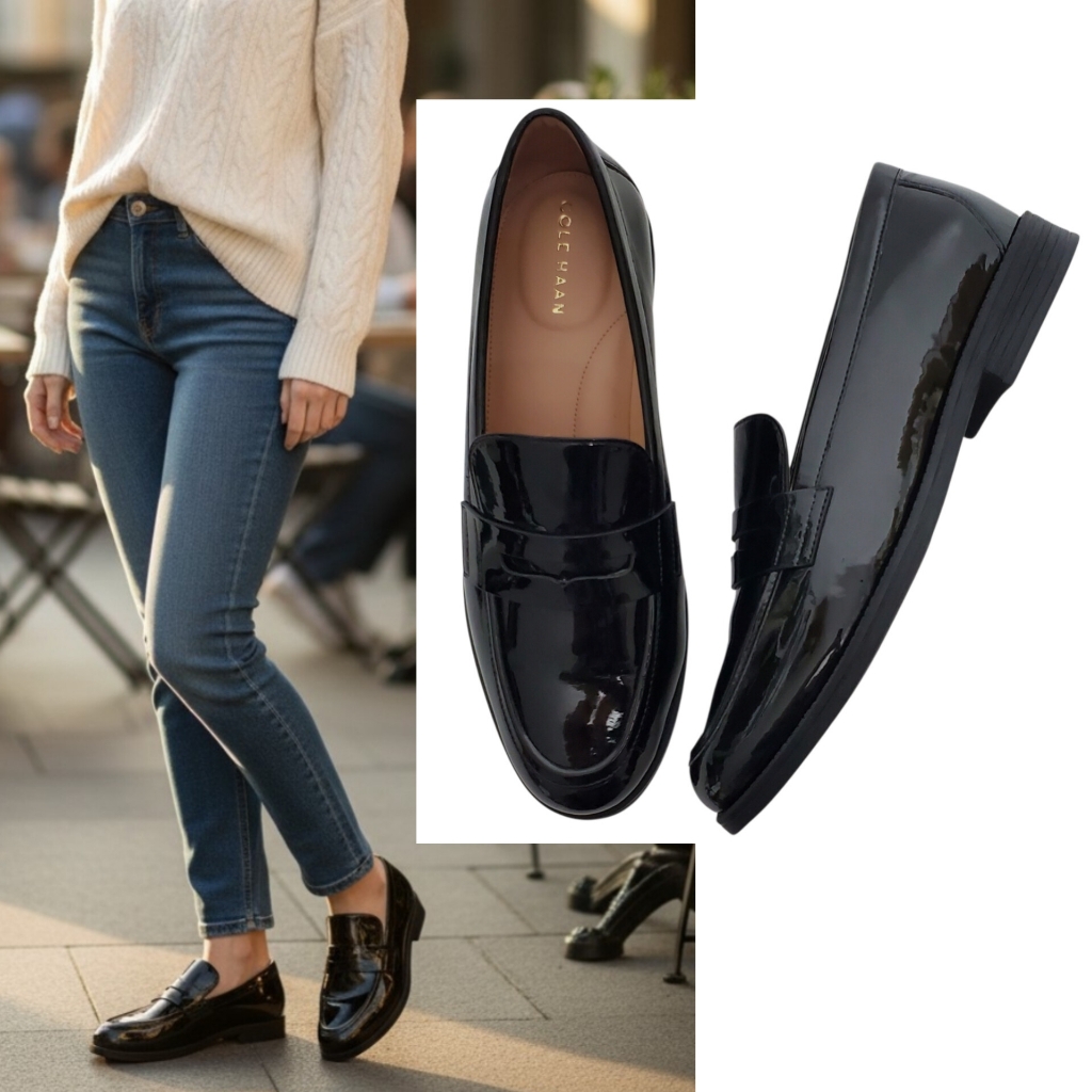 New Cole Haan Haverhill Penny Loafers Black Faux Patent Leather Grandma Preppy